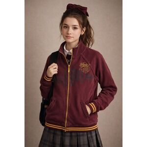 Y2K Cotton Track Jacket Collegiate Preppy Raw Edges Sporty Burgandy Women's XL